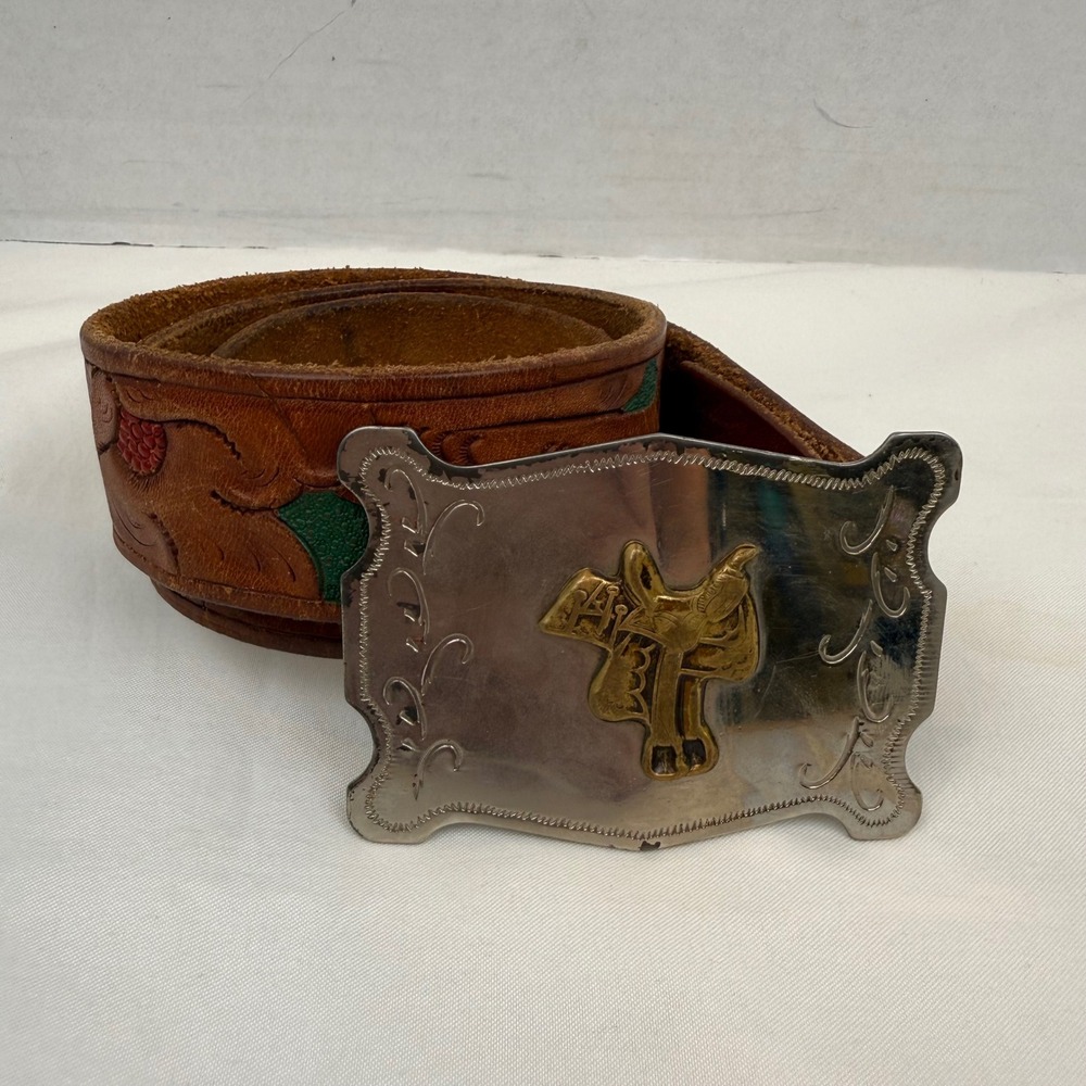 Vintage Maddox Amarillo Tooled Leather Western Belt Saddle Trophy Buckle Brown